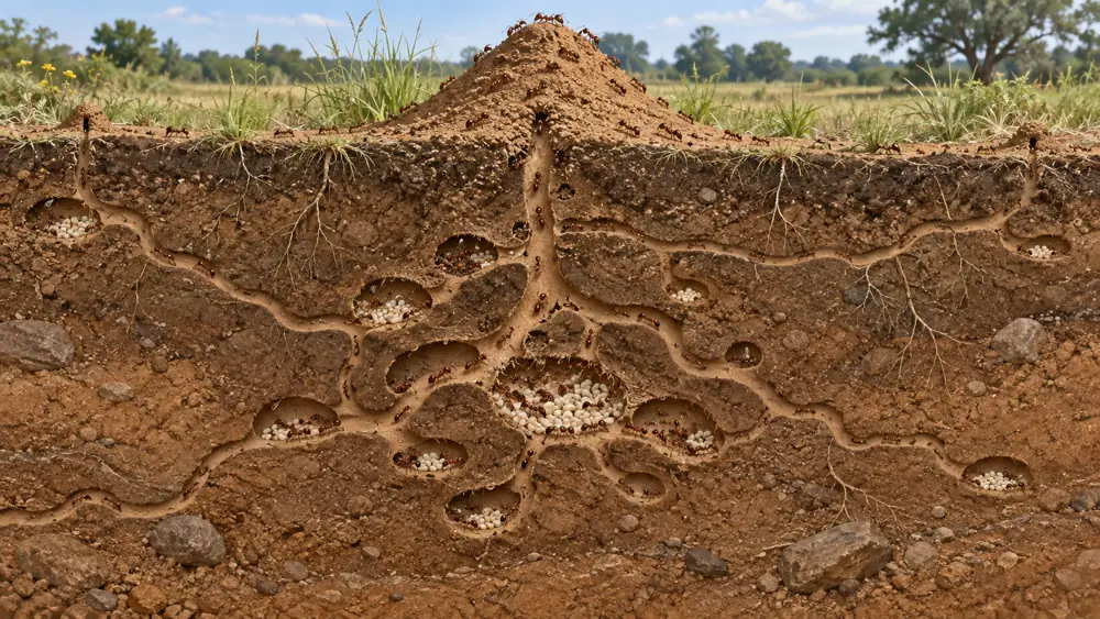 Fire ant mound and the hidden colony beneath the ground