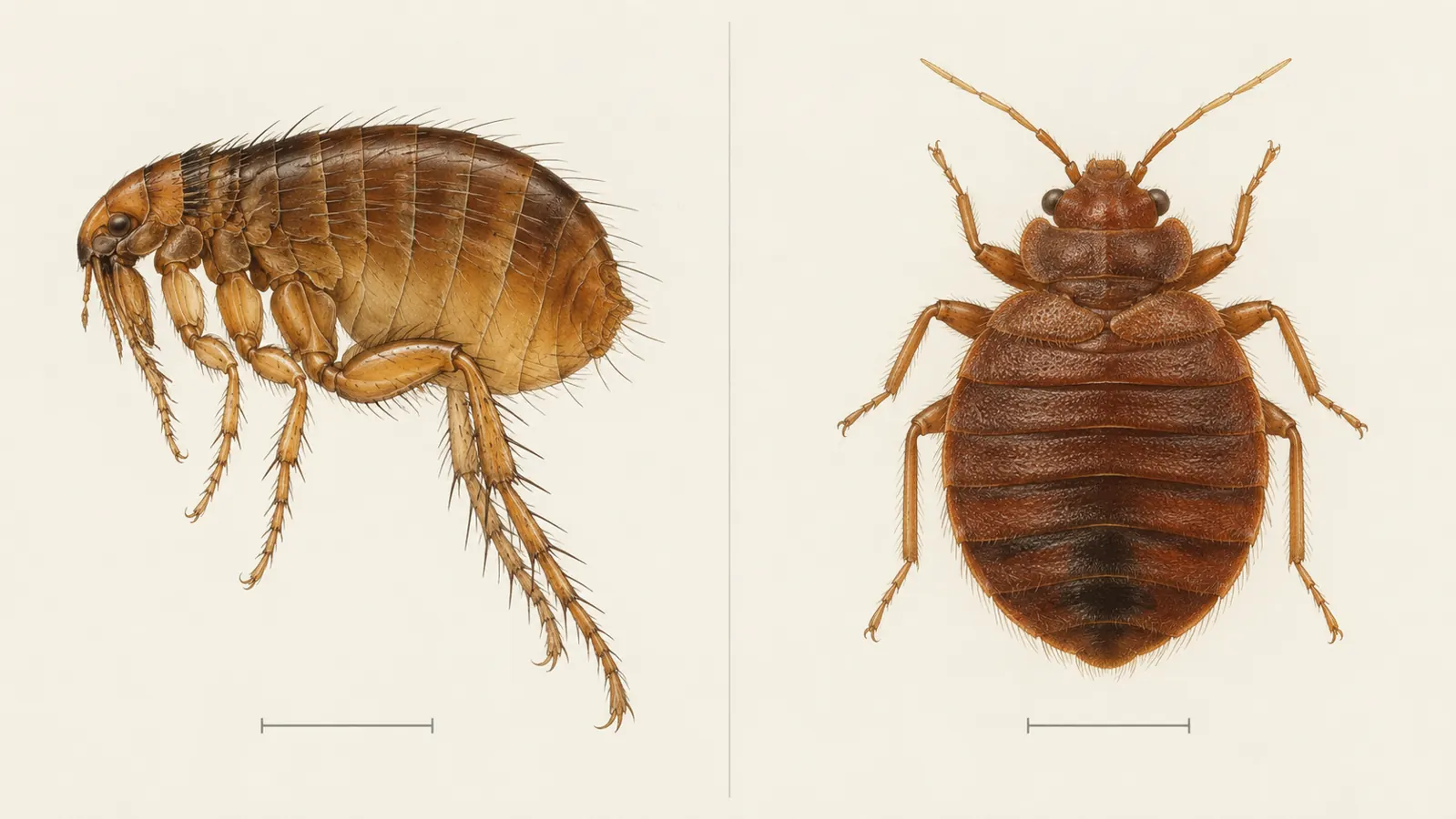 fleas-vs-bedbugs Flea and bed bug specimens compared side by side