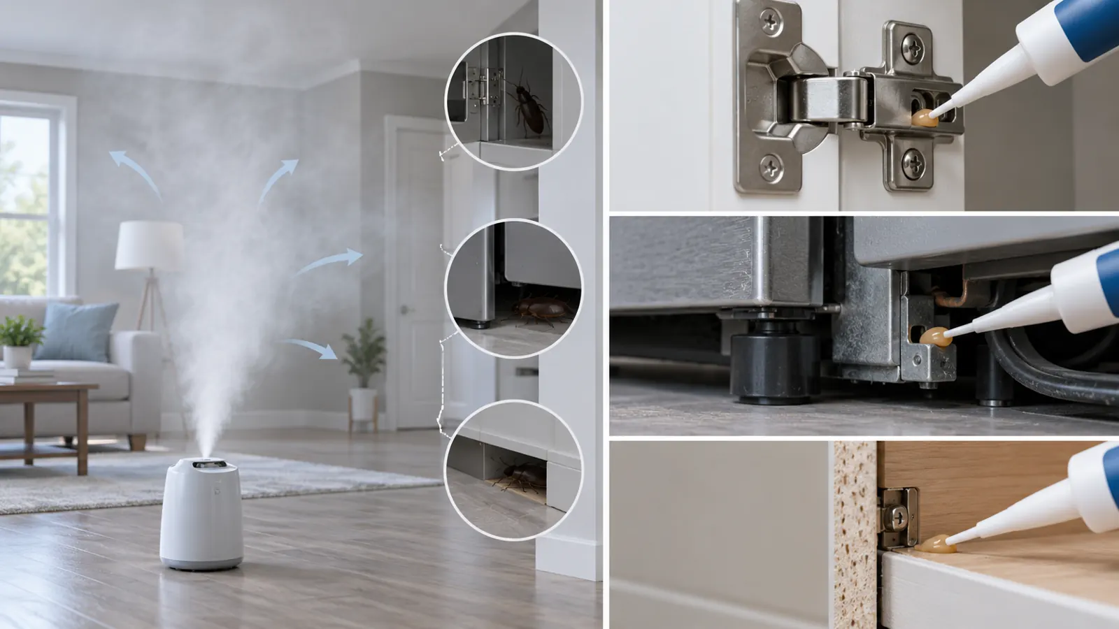 roach-bombs Open-air roach fogging contrasted with targeted treatment in hidden voids