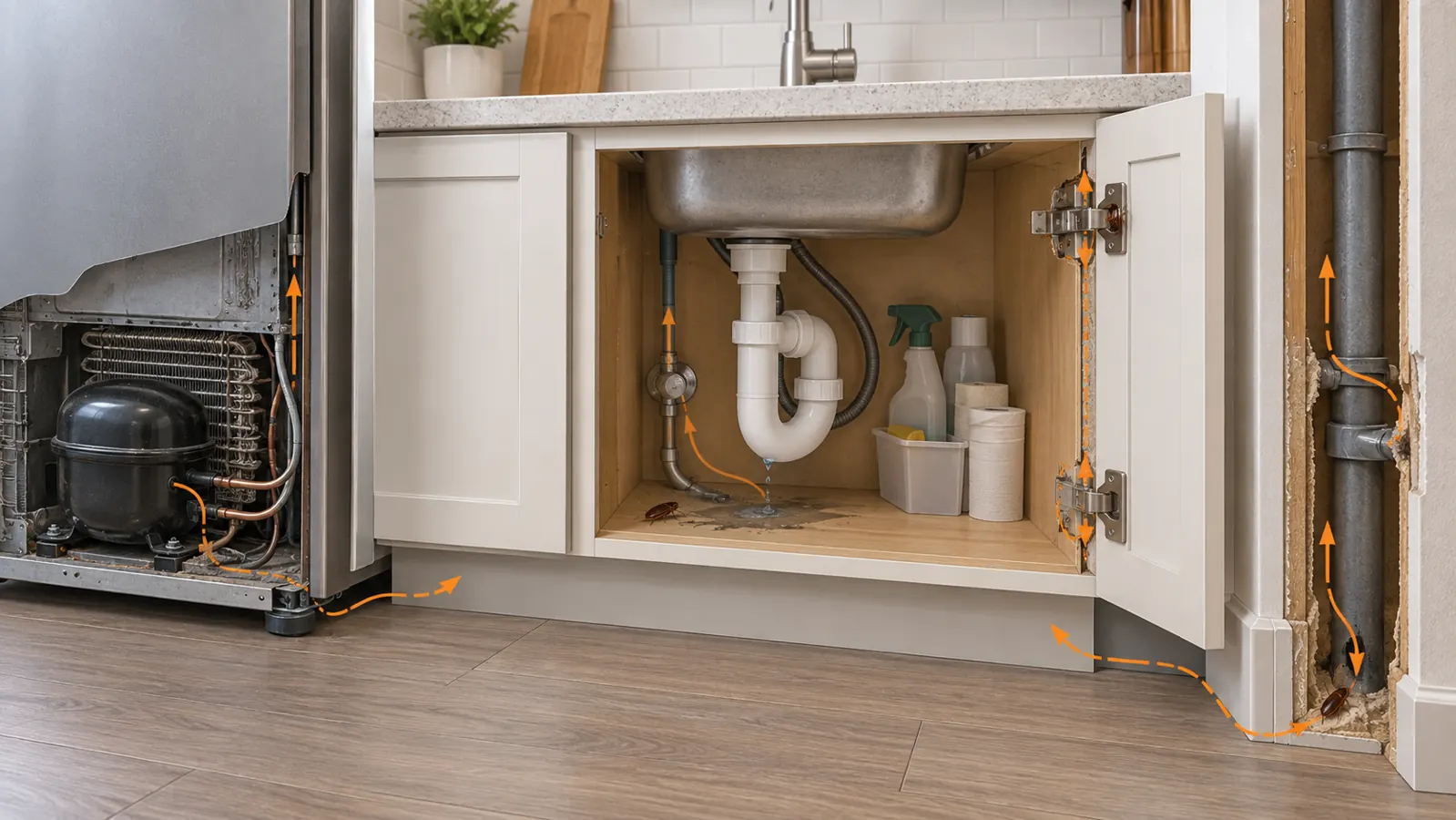 Hidden cockroach routes behind cabinets and plumbing in a kitchen