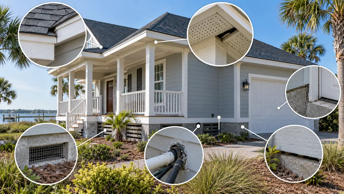 Rodent entry points around the roofline, vents and foundation of a Gulf Coast home