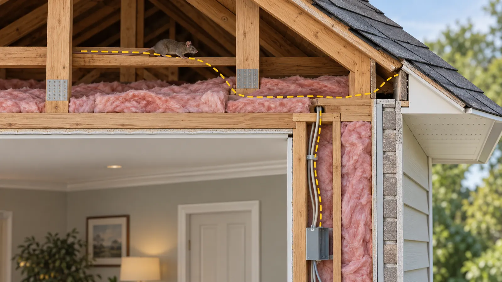 Rodent pathways through attic insulation and wall cavities