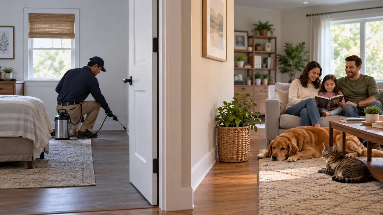 Homeowner and pet considering when to leave during pest treatment