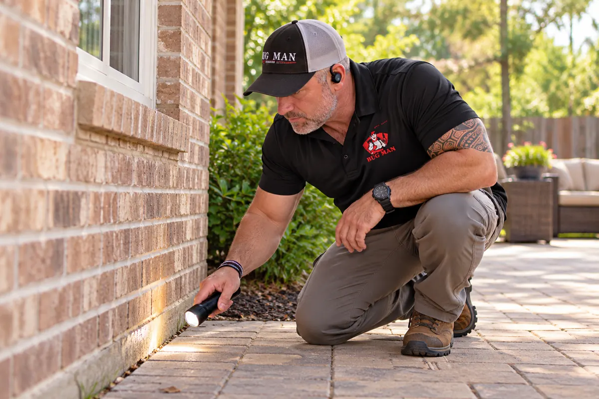 BugMan service illustration Recreated illustration for Lumberton, TX ant control: Josh Culver inspecting a patio joint beside a brick home for ant activity.