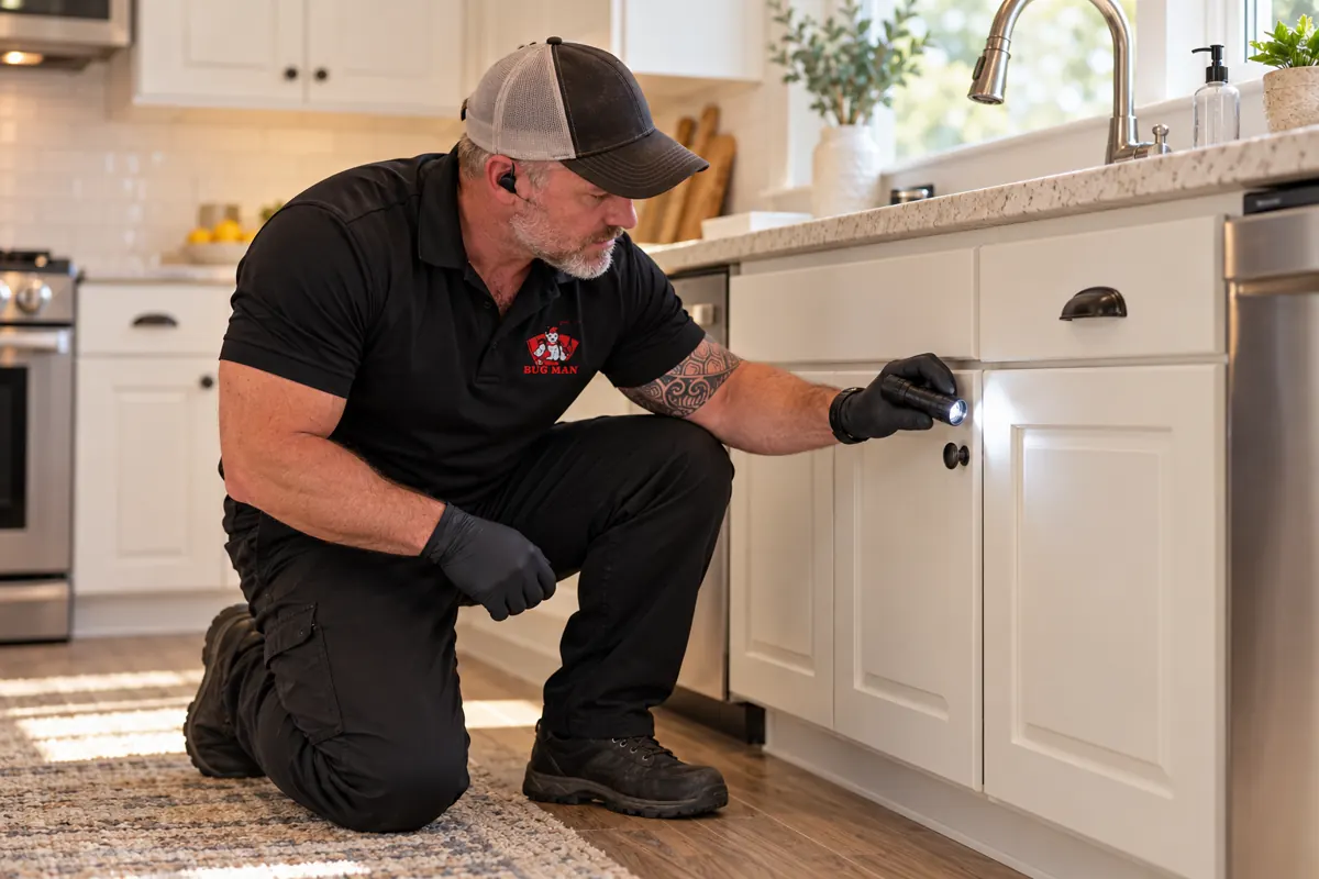 Recreated illustration for Lumberton, TX roach control: Josh Culver inspecting a kitchen cabinet edge for cockroach activity.
