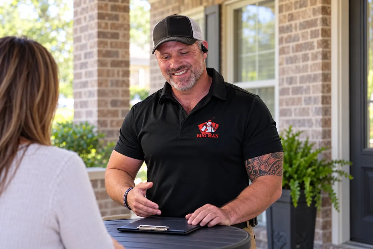 BugMan service illustration Recreated illustration for Lumberton, TX ant control: Josh Culver discussing a service plan with a homeowner.