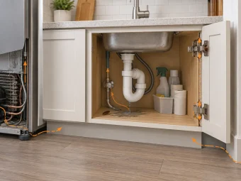 Hidden cockroach routes behind cabinets and plumbing in a kitchen