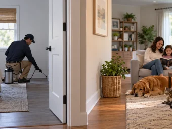 Homeowner and pet considering when to leave during pest treatment
